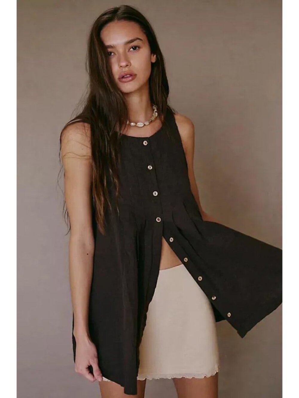 ☀️ Free People Free-Est Celia Linen Button Tunic Mini Dress Black Medium NWOT